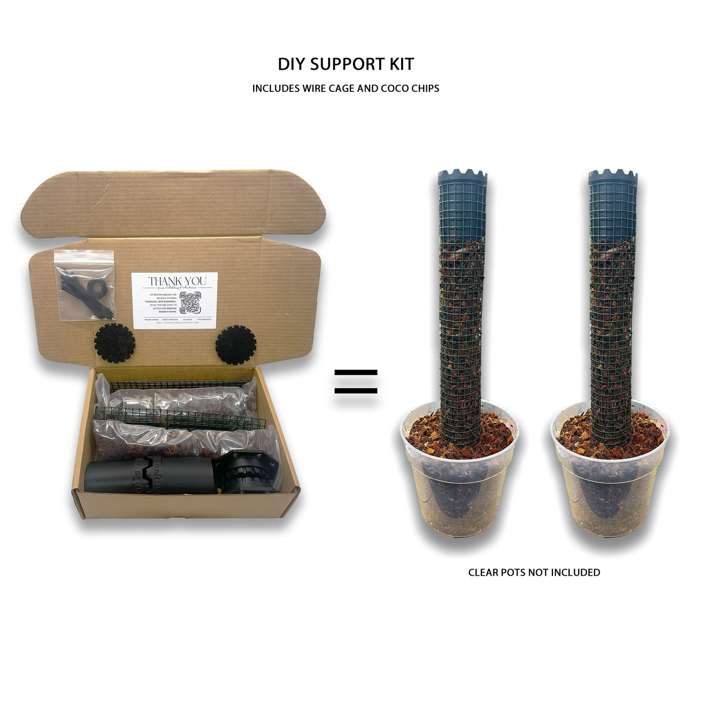 DIY plant support kit assembled in two pots, showing extendable coco chip-filled moss poles ready for climbing plants.