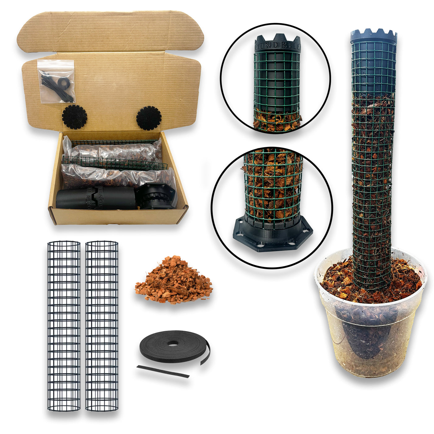 DIY plant support kit with wire cages, coco chips, baseplate, crown, and locking ring for creating custom moss poles.