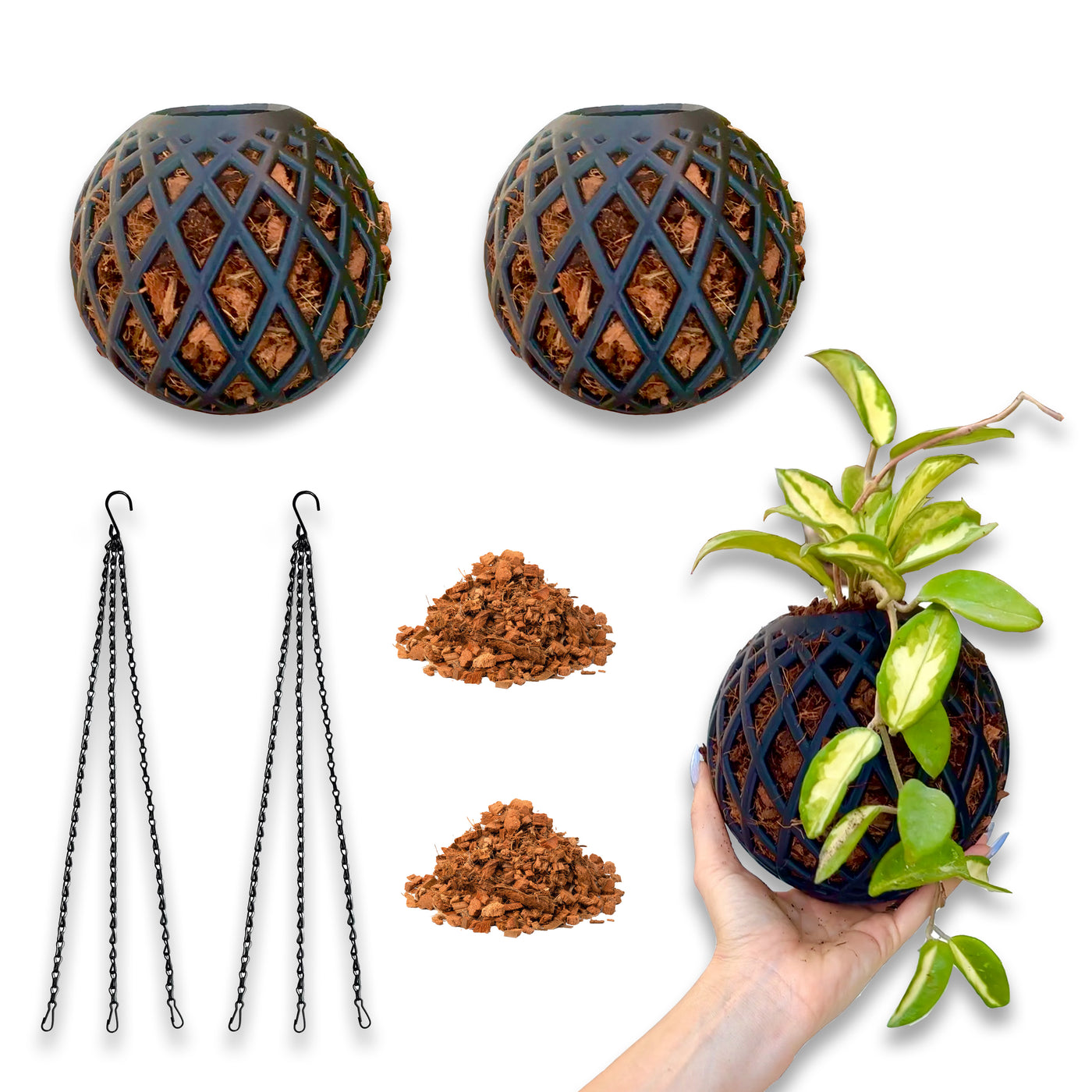 Medium Kokedama Ball kit 2-pack with coco chips, wire supports, and handheld plant supports for medium-sized indoor plants.