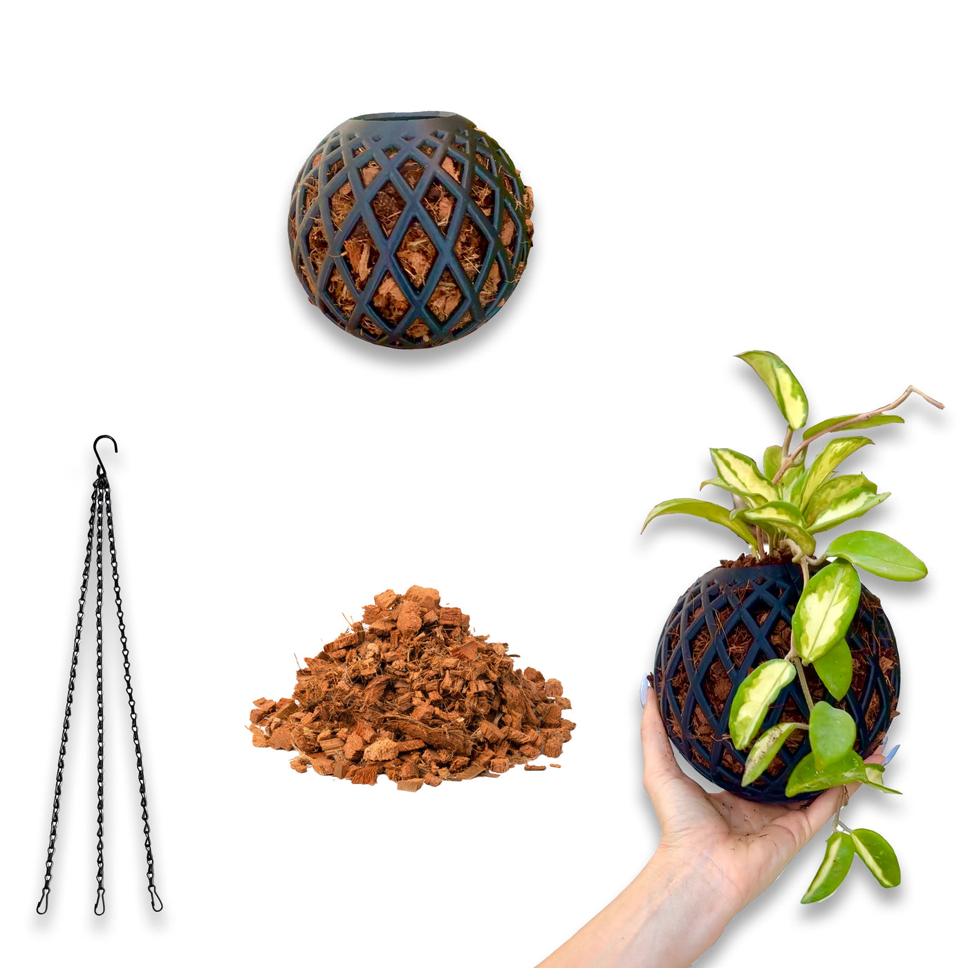 Small Kokedama Ball kit 1-pack with coco chips, wire supports, and a handheld plant support for small indoor plants.