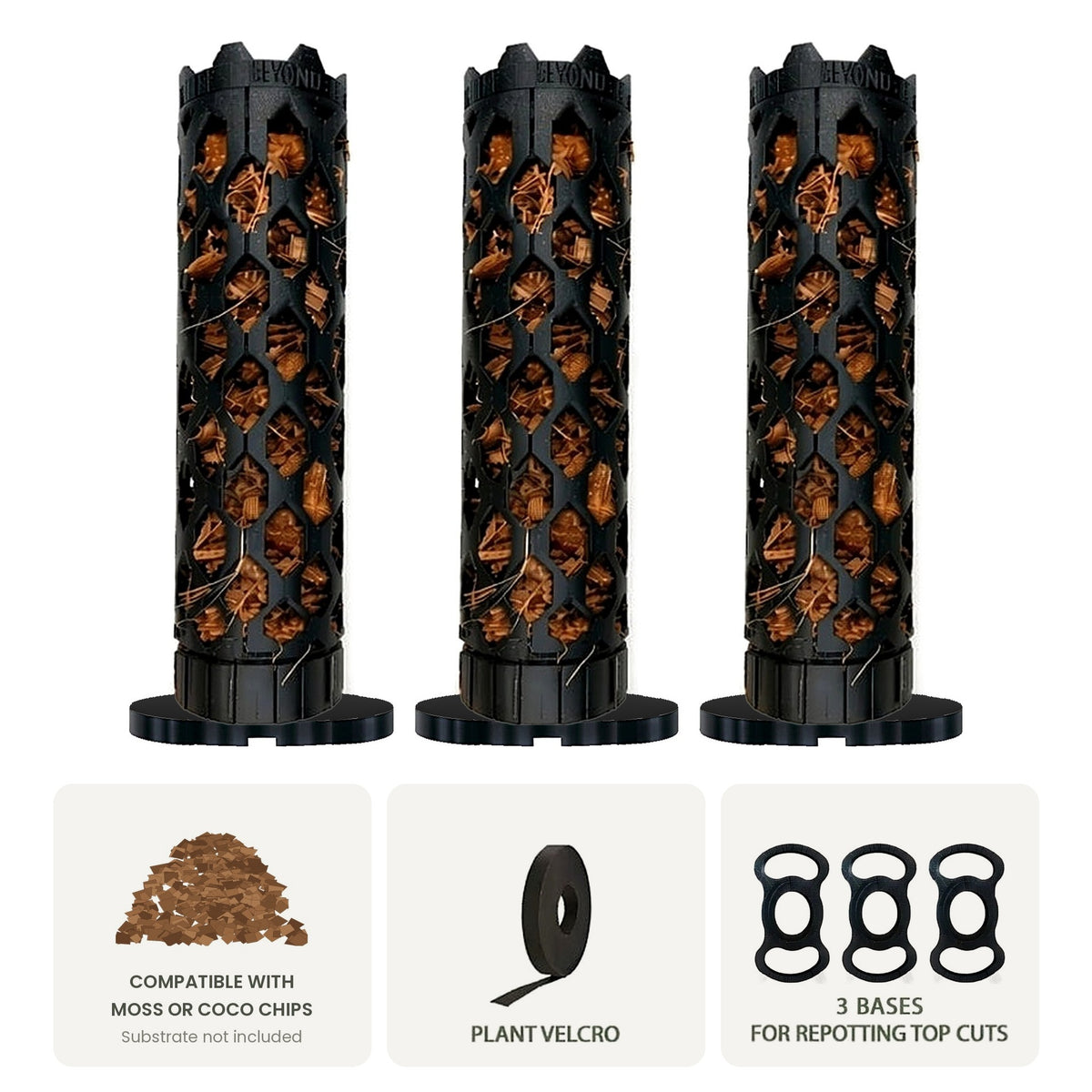 Moss pole kit with 3 bases and plant velcro; compatible with moss or coco chips, substrate not included