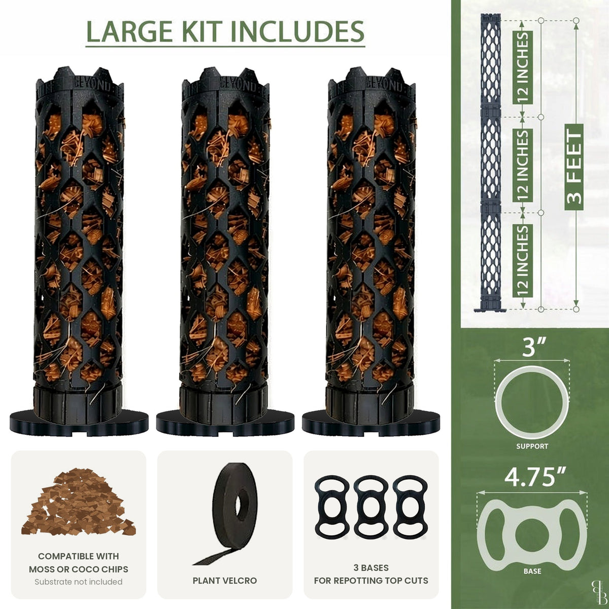 Large moss pole kit includes 3 segments and 3 bases