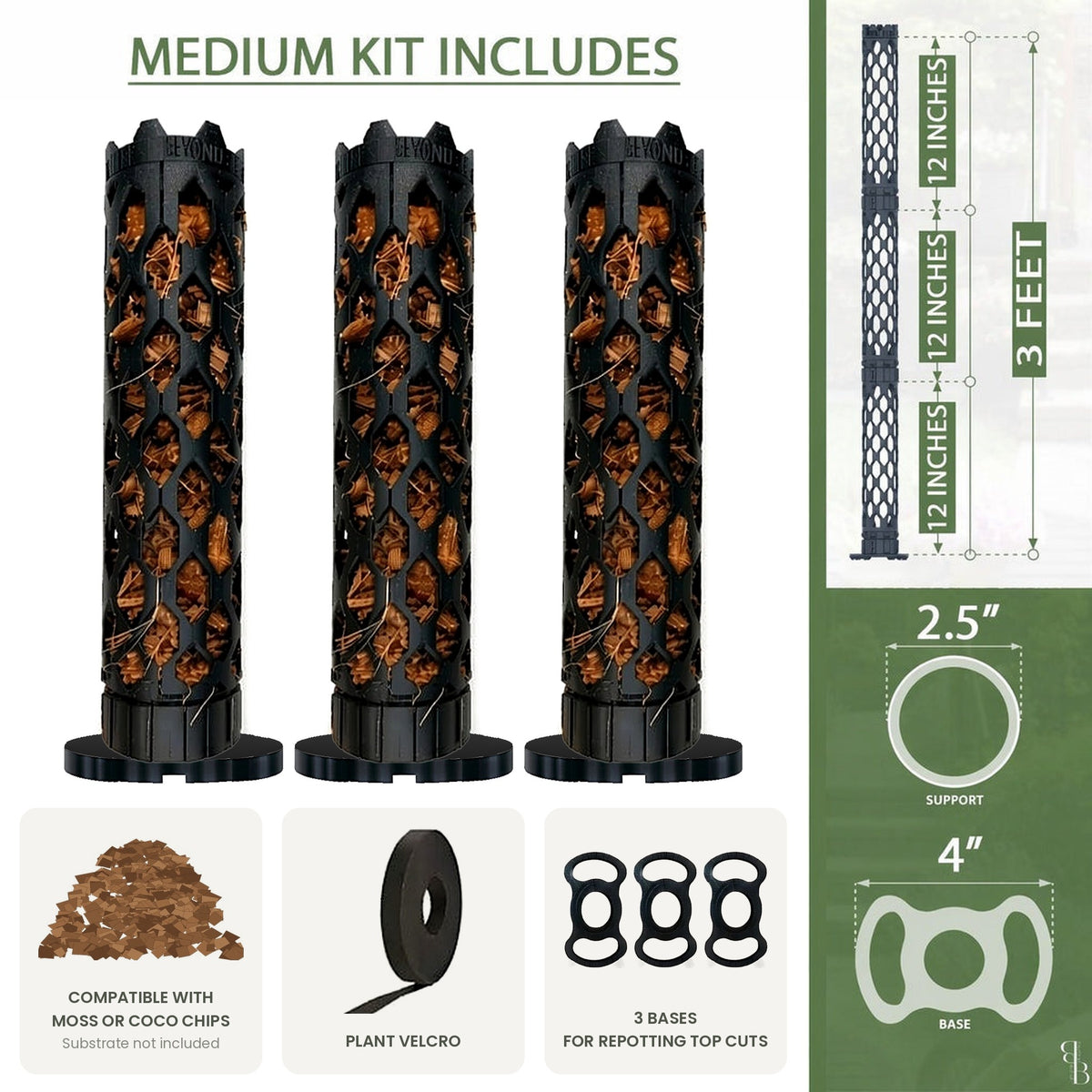Medium moss pole kit includes 3 segments and 3 bases